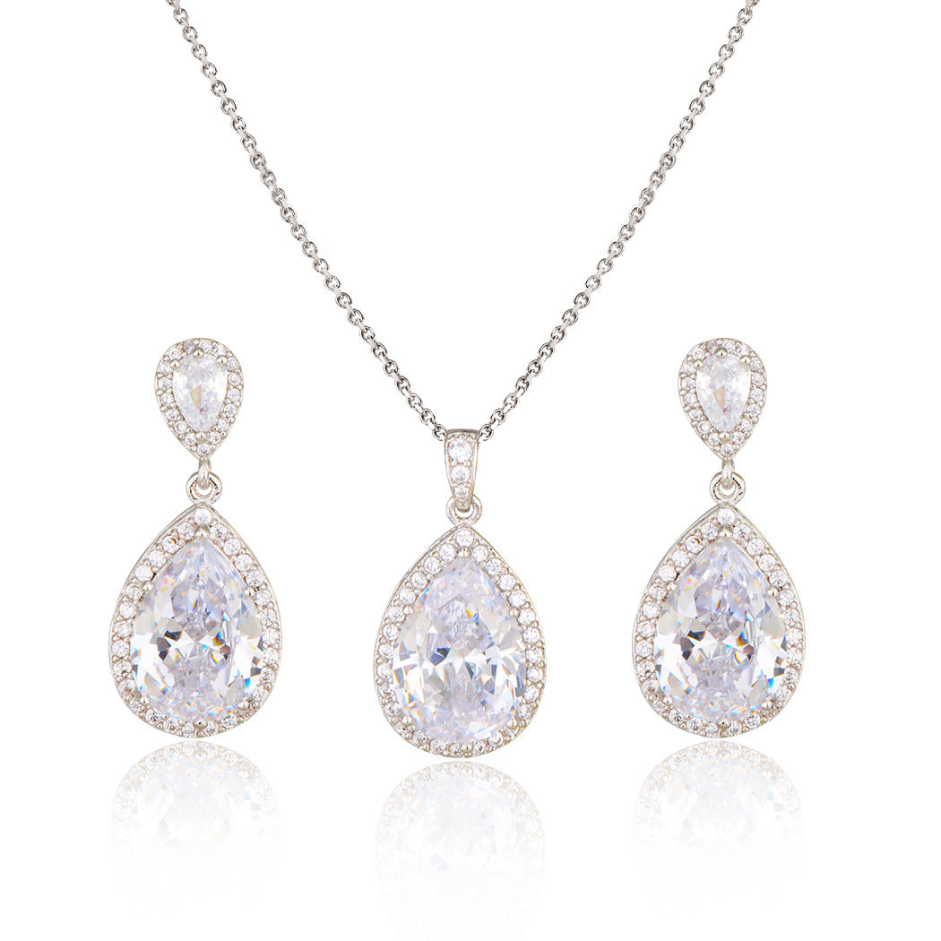 Bright Big Zircon Water Drops Necklace Eardrops Suit Bride Wedding Jewelry Simple Graceful