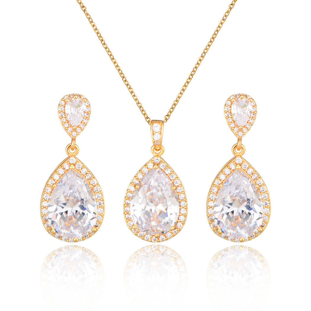 Bright Big Zircon Water Drops Necklace Eardrops Suit Bride Wedding Jewelry Simple Graceful